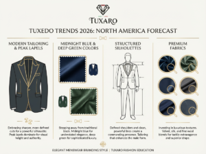 Infographic explaining the difference between a suit and a tuxedo, including formality and occasions